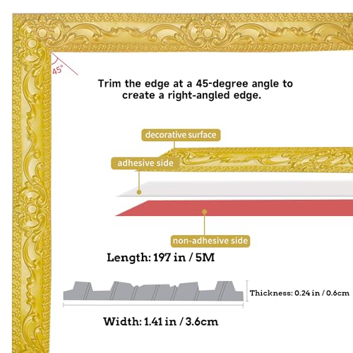 Leenevs Flexible Molding Trim Wall Trim, 16.4 Feet Self Adhesive Peel and Stick Molding Ceiling Molding, Cabinet Border, Mirror Frame Trim Wall Trim for Home Decor Wall Molding & Trim (Gold) - Image 2