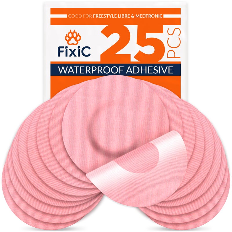 Fixic Freestyle Adhesive Patch 25 PCS Good for Libre 1 2 3 Plus Enlite Guardian NO Glue in The Center of The Patch PreCut Back Paper Long Fixation for Your Sensor Pink