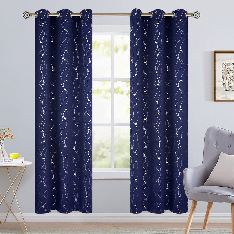 BGment الستائر Bragting Blackout 84 بوصة طول 2 لوحات مجموعة جروميت الغرفة المعزولة الحرارية الستائر نافذة غامق مع خط الموجة ونقاط مطبوعة لغرفة النوم 42 × 84 بوصة الأزرق - Image 2