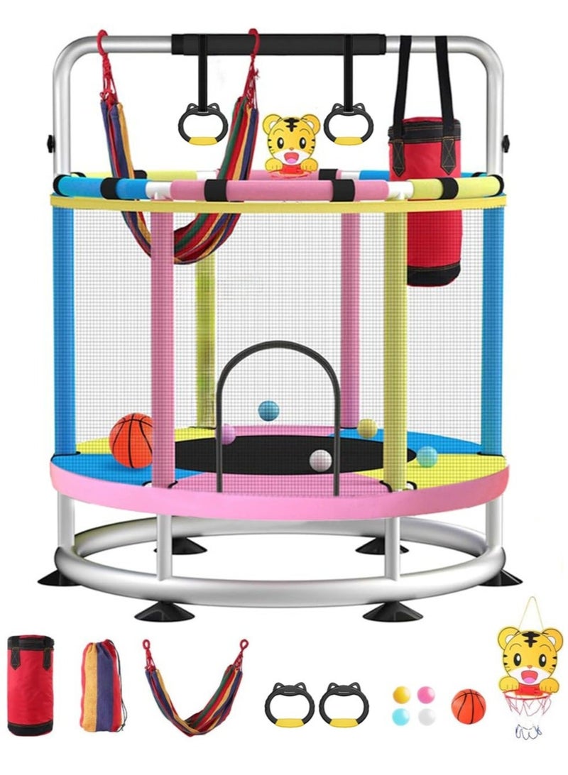 والالا ترامبولين للأطفال، ترامبولين للأطفال بطول 140 سم للاستخدام الداخلي والخارجي، ترامبولين للأطفال يتحمل حمولة 250 كجم مع شبكة مغلقة، ترامبولين صغير مع أرجوحة على شكل حرف T وحقيبة رمل وحلقة كرة سلة وقضيب جمباز قابل للتعديل، أزرق وردي أصفر - Image 1
