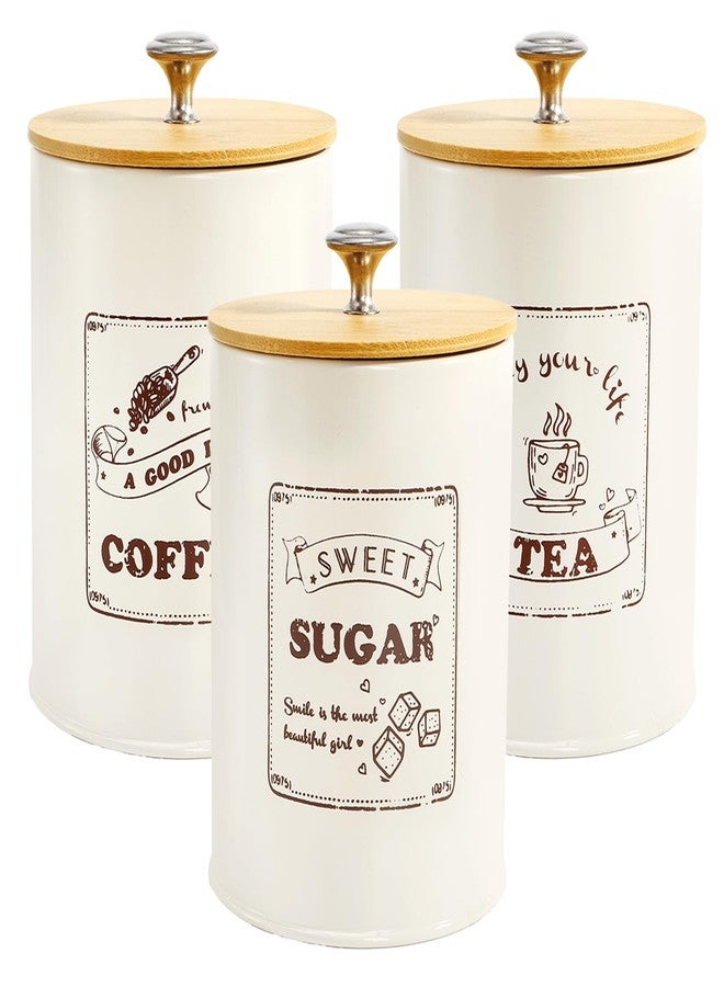 Youeon Metal Canisters Sets for the Kitchen, 25 Oz Coffee Sugar Tea Container Set, Farmhouse Style, Food Storage Containers with Lids for Countertop, Cabinet, Coffee Bar Decor, Beige - Image 1