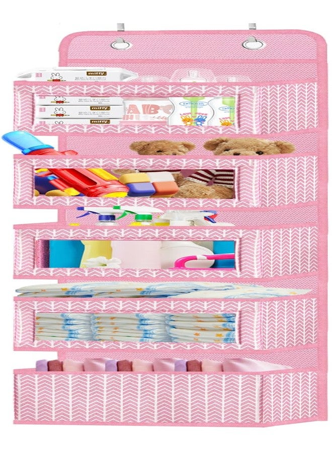 VERONLY Over The Door Hanging Organizer with 5 Large Pockets - Wall Mount Pantry Storage with 2 Big Metal Hooks for Baby Girl’s Diapers Closet, Bathroom, Nursery, Bedroom, Dorm, Baby, Kids Toys (Pink) - Image 1