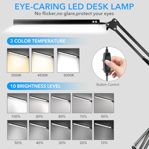 ELEPHANTBOAT® LED Desk Lamp 3-Color Dimmable USB Reading Light with Flexible Arm, Adjustable Eye-Caring Desk Light with Clamp for Home, Office, Study, Crafting (Black) - Image 3