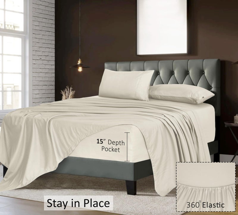 RUVANTI Queen Sheets Set  Brushed Microfiber Sheets 4 Pieces (1 Fitted Sheet  1 Flat Sheet  2 Pillowcases)  with 15-inch Deep Pockets  Lightweight & Compfy Premium Hotel Bedding  Luxe Cream - Image 5