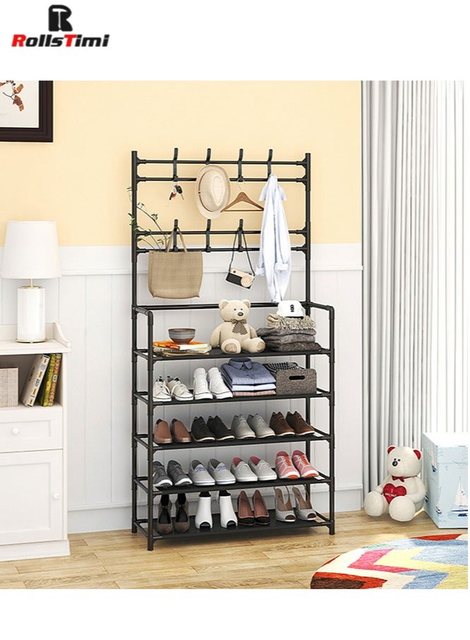 RollsTimi  Coat and Shoe Rack Entryway 3-in-1 Metal Hall Tree with 5-Tier Shelf and 8 Hooks, Simple and Narrow Coat Racks Free Standing,Black 60x26x172cm - Image 1