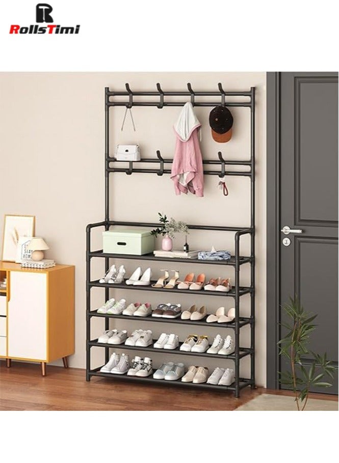 RollsTimi  Coat and Shoe Rack Entryway 3-in-1 Metal Hall Tree with 5-Tier Shelf and 8 Hooks, Simple and Narrow Coat Racks Free Standing,Black 60x26x172cm - Image 2
