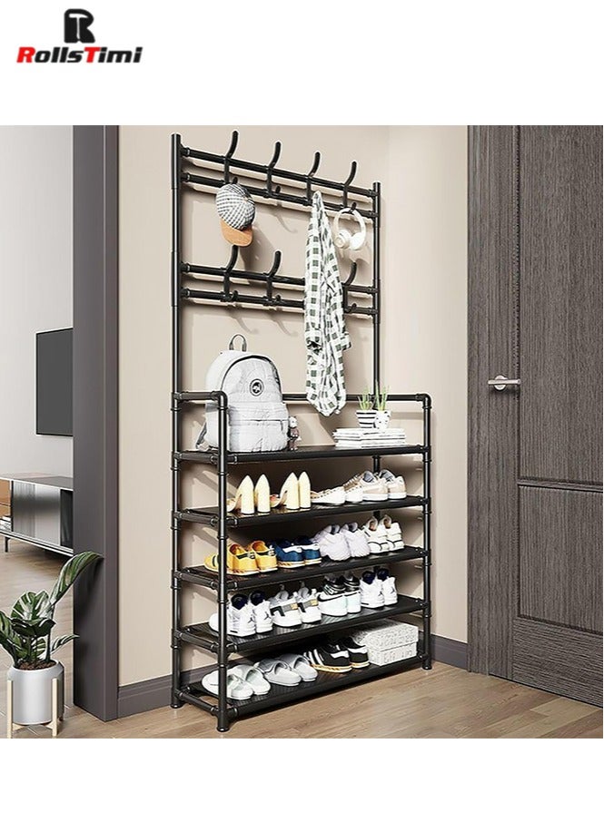 RollsTimi  Coat and Shoe Rack Entryway 3-in-1 Metal Hall Tree with 5-Tier Shelf and 8 Hooks, Simple and Narrow Coat Racks Free Standing,Black 60x26x172cm - Image 3