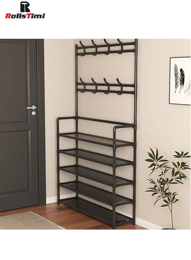 RollsTimi  Coat and Shoe Rack Entryway 3-in-1 Metal Hall Tree with 5-Tier Shelf and 8 Hooks, Simple and Narrow Coat Racks Free Standing,Black 60x26x172cm - Image 4