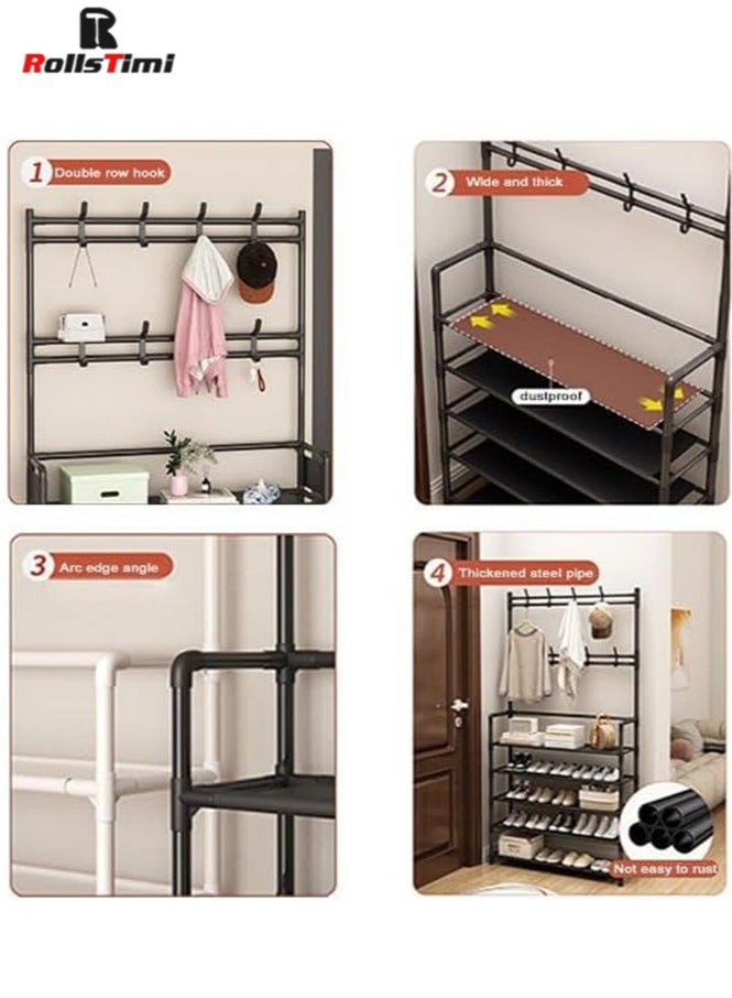 RollsTimi  Coat and Shoe Rack Entryway 3-in-1 Metal Hall Tree with 5-Tier Shelf and 8 Hooks, Simple and Narrow Coat Racks Free Standing,Black 60x26x172cm - Image 5