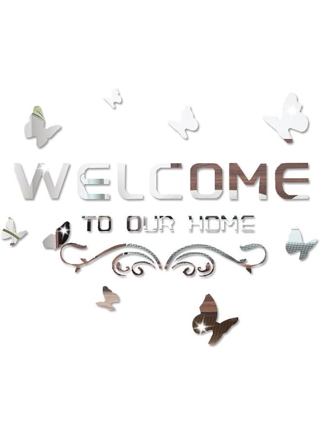 TPGP Welcome to Our Home Acrylic Mirror Wall Stickers Sign Letters with Butterfly and Vine, Removable Mirror Wall Decals, Art Murals for Living Room, Door, Porch Decoration (Silver)  - Image 1