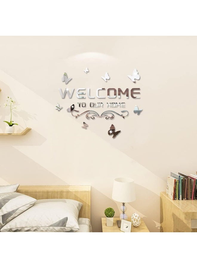 TPGP Welcome to Our Home Acrylic Mirror Wall Stickers Sign Letters with Butterfly and Vine, Removable Mirror Wall Decals, Art Murals for Living Room, Door, Porch Decoration (Silver)  - Image 3