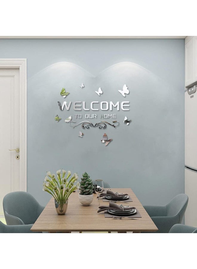 TPGP Welcome to Our Home Acrylic Mirror Wall Stickers Sign Letters with Butterfly and Vine, Removable Mirror Wall Decals, Art Murals for Living Room, Door, Porch Decoration (Silver)  - Image 4
