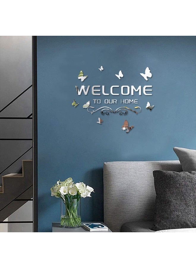 TPGP Welcome to Our Home Acrylic Mirror Wall Stickers Sign Letters with Butterfly and Vine, Removable Mirror Wall Decals, Art Murals for Living Room, Door, Porch Decoration (Silver)  - Image 5
