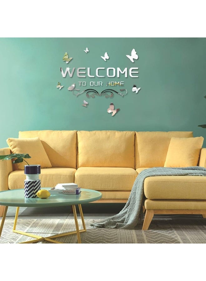 TPGP Welcome to Our Home Acrylic Mirror Wall Stickers Sign Letters with Butterfly and Vine, Removable Mirror Wall Decals, Art Murals for Living Room, Door, Porch Decoration (Silver)  - Image 2