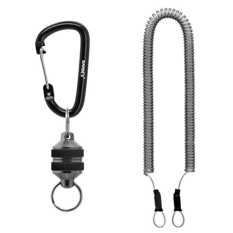SAMSFX Fishing Strongest Magnetic Net Release Magnet Clip Holder Retractor with Coiled Lanyard (Black Grips) - Image 1