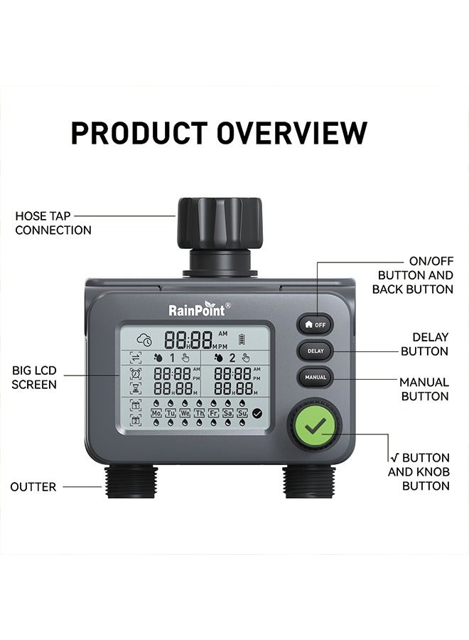 مؤقت مياه RainPoint - جهاز تحكم تلقائي لري الحدائق مع شاشة LED وإعداد تأخير المطر - Image 4