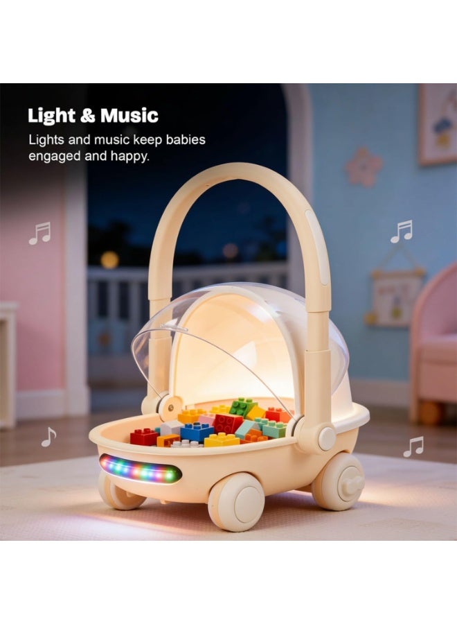 BAYBEE Kids Shopping Cart with Push Walker & Storage Basket | Light & Music Baby Walker for 6+ Months | Foldable Adjustable Handle, Lockable Wheels & Closing Lid | Toy Cart Walker for Toddlers & Babies Beige - Image 4