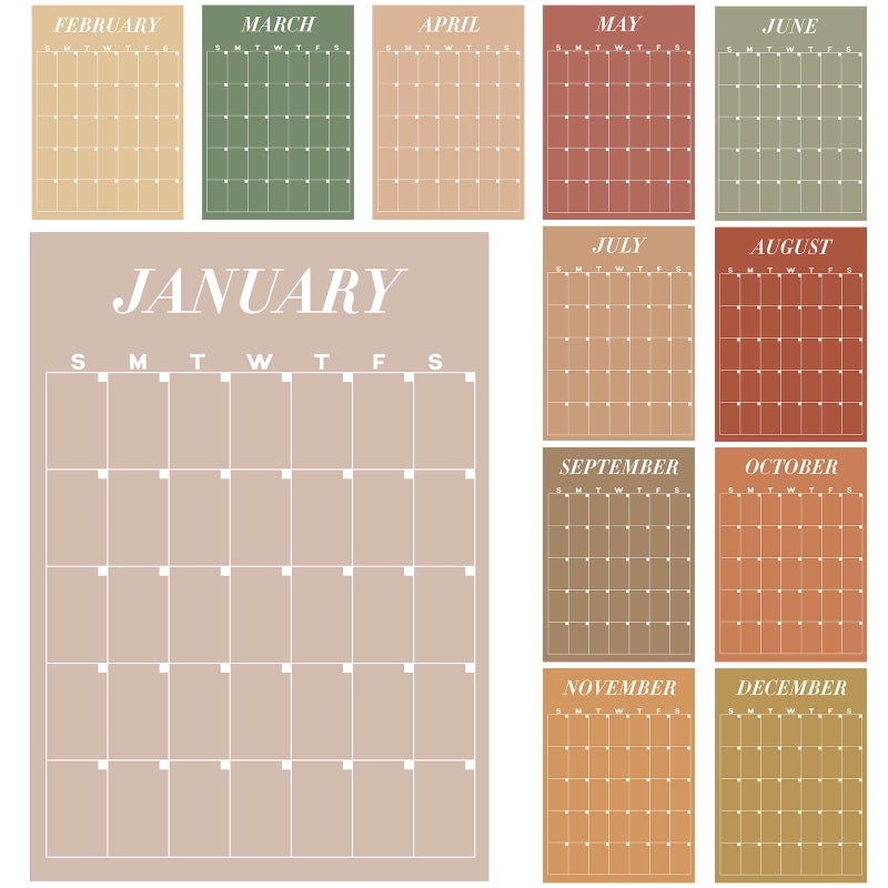 Fullhawl 12 Pcs Rustic Undated Calendars 12x16 Large Erasable Wall Calendar 12 Month Dry Ease Reusable Planning Colorful Yearly Blank Planner Reserved Grid for Office Home Educational Study Room - Image 2