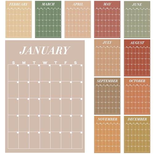 Fullhawl 12 Pcs Rustic Undated Calendars 12x16 Large Erasable Wall Calendar 12 Month Dry Ease Reusable Planning Colorful Yearly Blank Planner Reserved Grid for Office Home Educational Study Room - Image 1