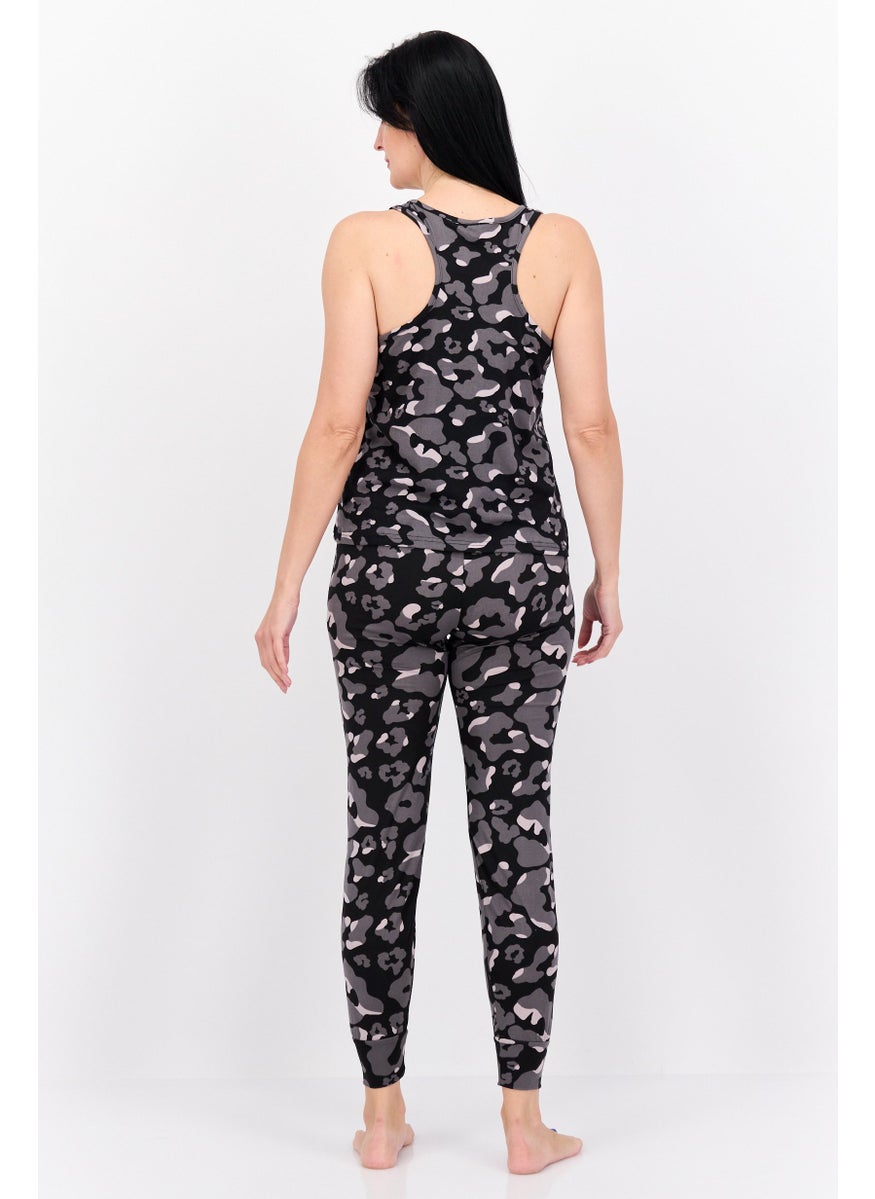 French Affair Women 2 Piece Allover Printed Pajama Set, Black Combo  - Image 3