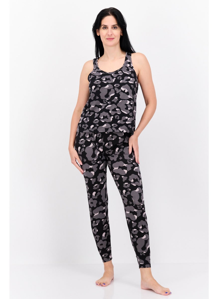 French Affair Women 2 Piece Allover Printed Pajama Set, Black Combo  - Image 1
