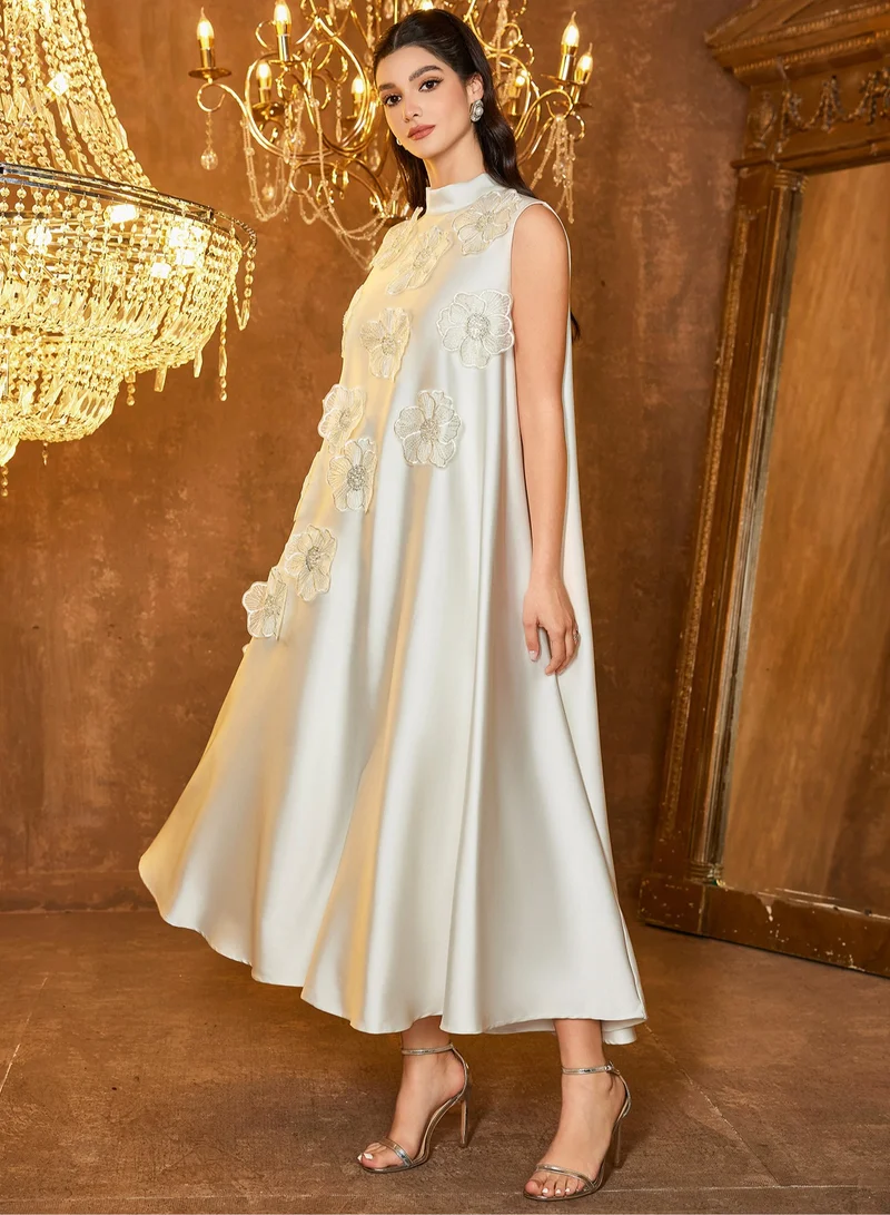 Madam Uniq Long Sleeveless Dress with Uneven 3D Floral Design, Stylish and Modern Star Style