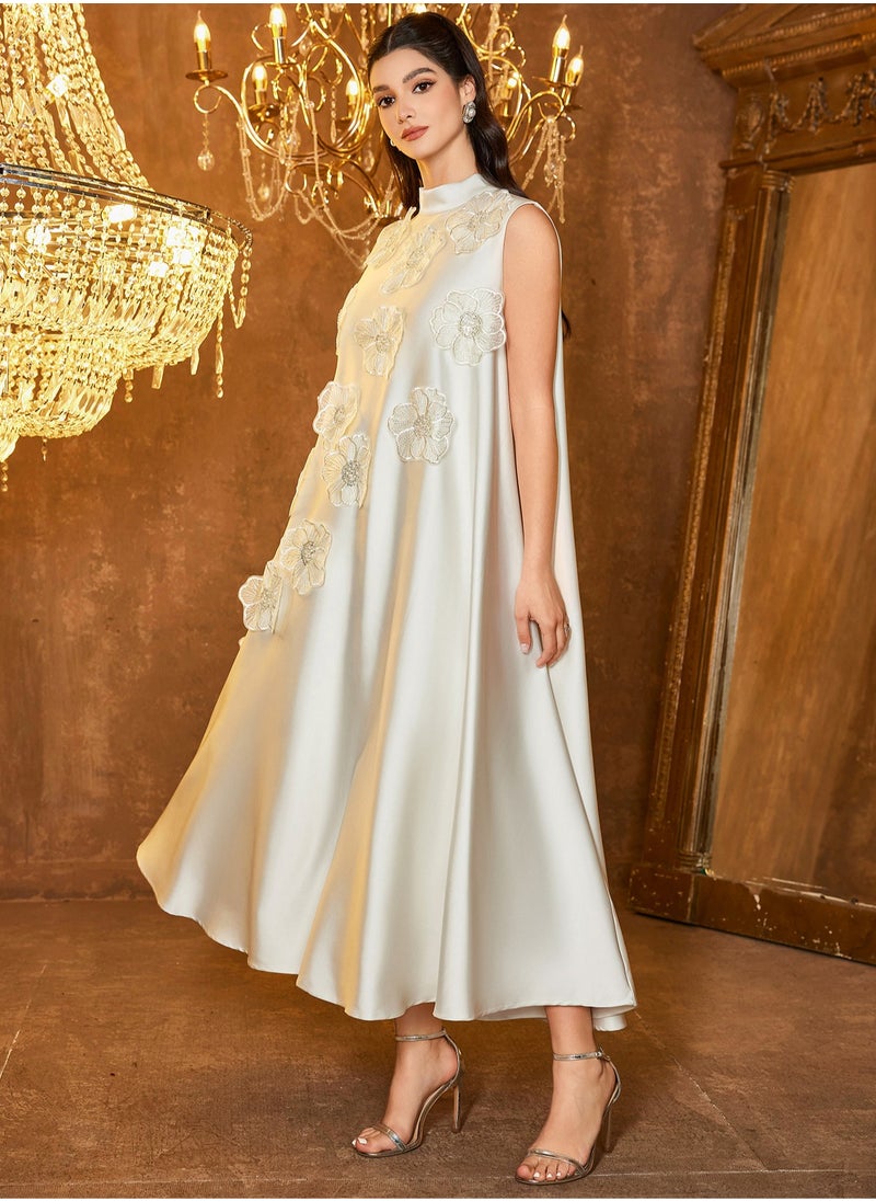Madam Uniq Long Sleeveless Dress with Uneven 3D Floral Design, Stylish and Modern Star Style  - Image 3