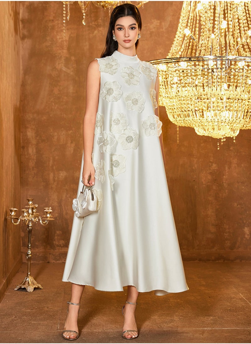 Madam Uniq Long Sleeveless Dress with Uneven 3D Floral Design, Stylish and Modern Star Style  - Image 1