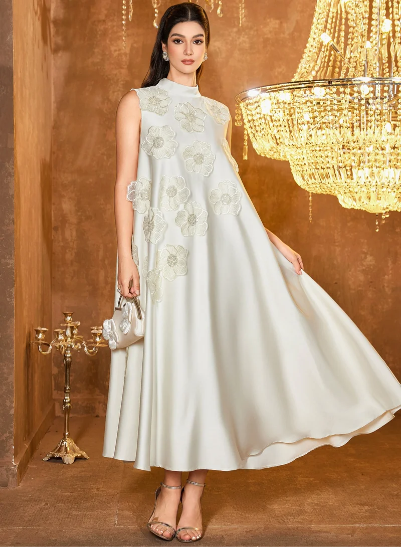 Madam Uniq Long Sleeveless Dress with Uneven 3D Floral Design, Stylish and Modern Star Style