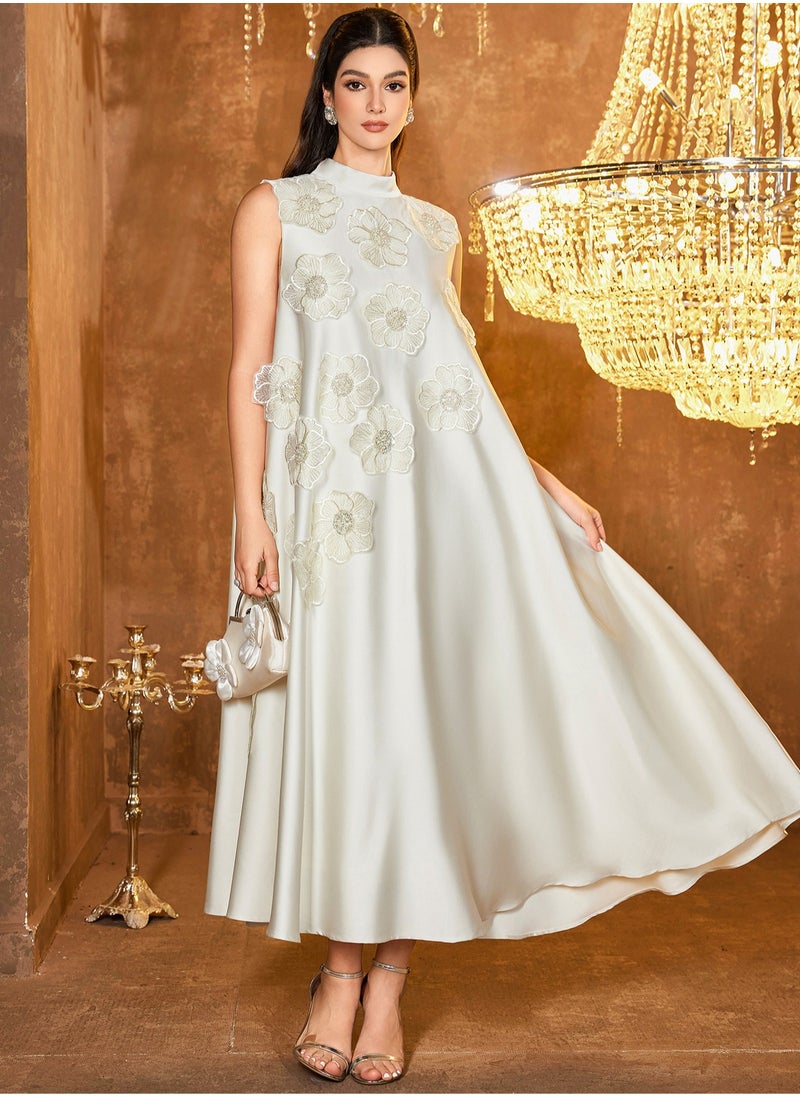 Madam Uniq Long Sleeveless Dress with Uneven 3D Floral Design, Stylish and Modern Star Style  - Image 4