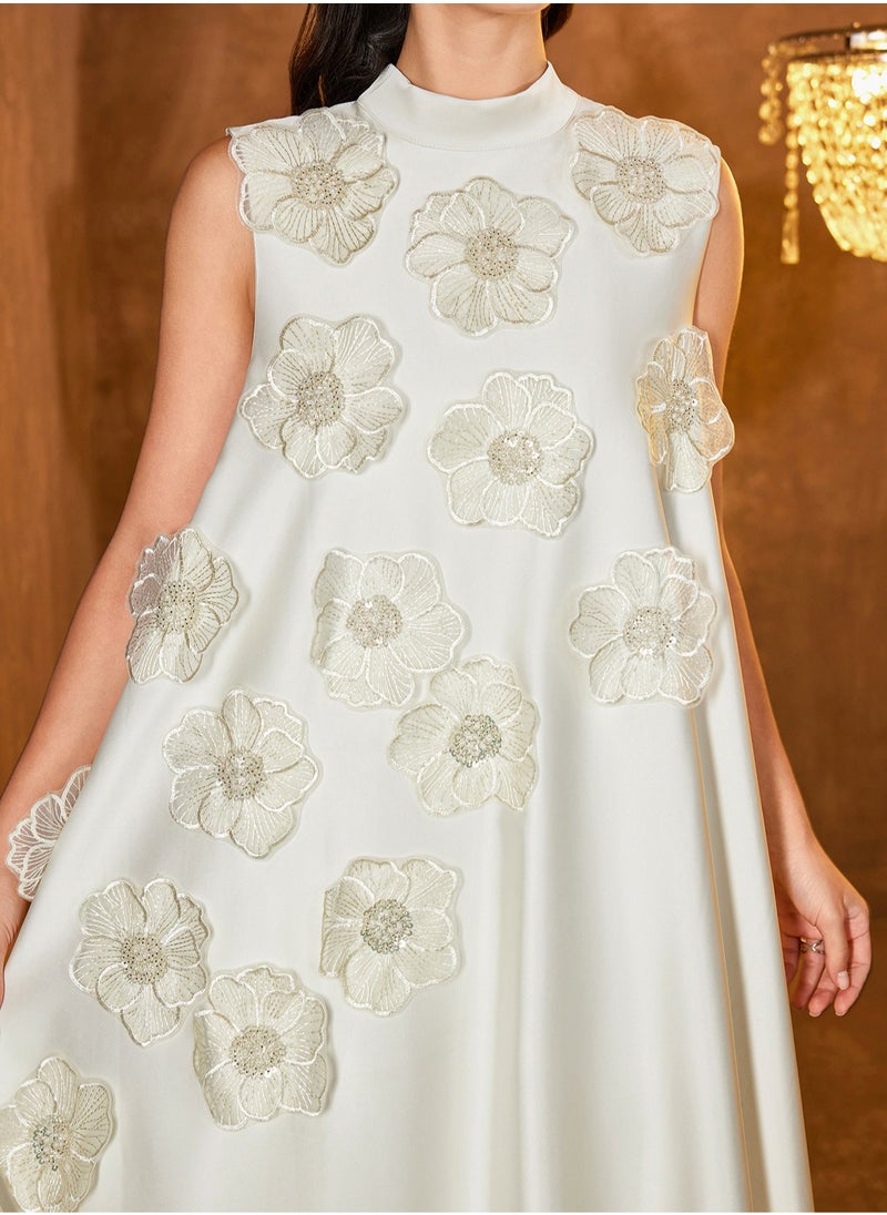 Madam Uniq Long Sleeveless Dress with Uneven 3D Floral Design, Stylish and Modern Star Style  - Image 5