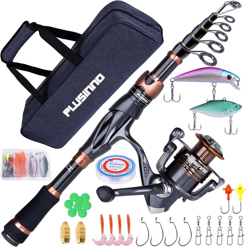 PLUSINNO Fishing Rod and Reel Combos, Bronze Warrior Toray IM6 Carbon Matrix Telescopic Fishing Rod Pole, 12 +1 Shielded Bearings Stainless Steel BB Spinning Reel, Travel Freshwater Fishing Gear - Image 1