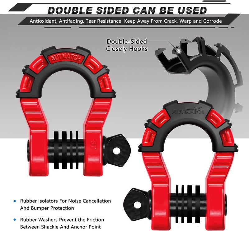AUTMATCH D Ring Shackles 3/4" Mega Shackle (2 Pack) 68,000Ibs Break Strength - Heavy Duty Clevis Shackle 7/8" Screw Pin & Isolator Washer for Tow Strap Winch Off Road Vehicle Recovery, Red & Black - Image 2
