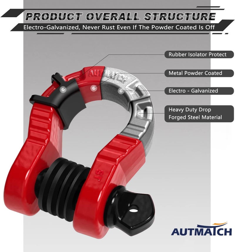 AUTMATCH D Ring Shackles 3/4" Mega Shackle (2 Pack) 68,000Ibs Break Strength - Heavy Duty Clevis Shackle 7/8" Screw Pin & Isolator Washer for Tow Strap Winch Off Road Vehicle Recovery, Red & Black - Image 4