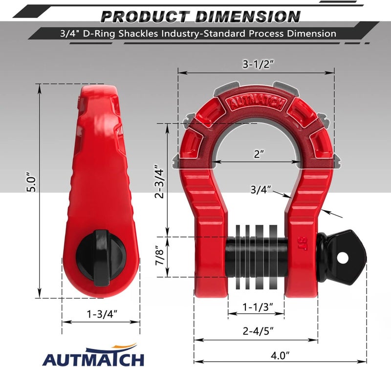 AUTMATCH D Ring Shackles 3/4" Mega Shackle (2 Pack) 68,000Ibs Break Strength - Heavy Duty Clevis Shackle 7/8" Screw Pin & Isolator Washer for Tow Strap Winch Off Road Vehicle Recovery, Red & Black - Image 3