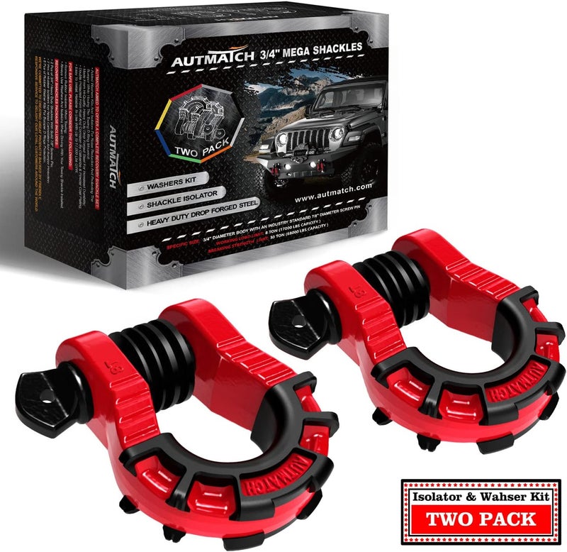 AUTMATCH D Ring Shackles 3/4" Mega Shackle (2 Pack) 68,000Ibs Break Strength - Heavy Duty Clevis Shackle 7/8" Screw Pin & Isolator Washer for Tow Strap Winch Off Road Vehicle Recovery, Red & Black - Image 1