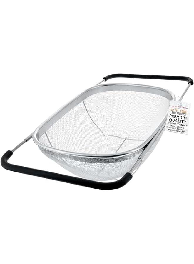 - Premium Quality Over The Sink Stainless Steel Oval Colander with Fine Mesh 6 Quart Strainer Basket & Expandable Rubber Grip Handles - Strain, Drain, Rinse Fruits, Vegetables - Image 1