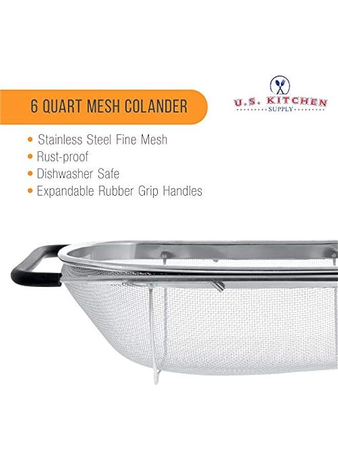 - Premium Quality Over The Sink Stainless Steel Oval Colander with Fine Mesh 6 Quart Strainer Basket & Expandable Rubber Grip Handles - Strain, Drain, Rinse Fruits, Vegetables - Image 3