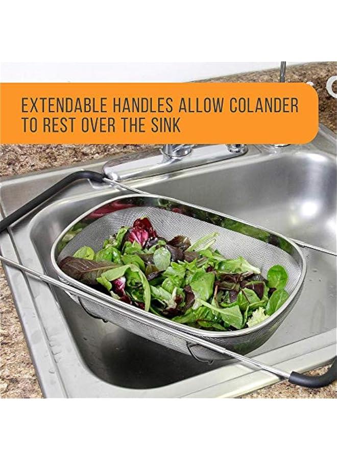 - Premium Quality Over The Sink Stainless Steel Oval Colander with Fine Mesh 6 Quart Strainer Basket & Expandable Rubber Grip Handles - Strain, Drain, Rinse Fruits, Vegetables - Image 5