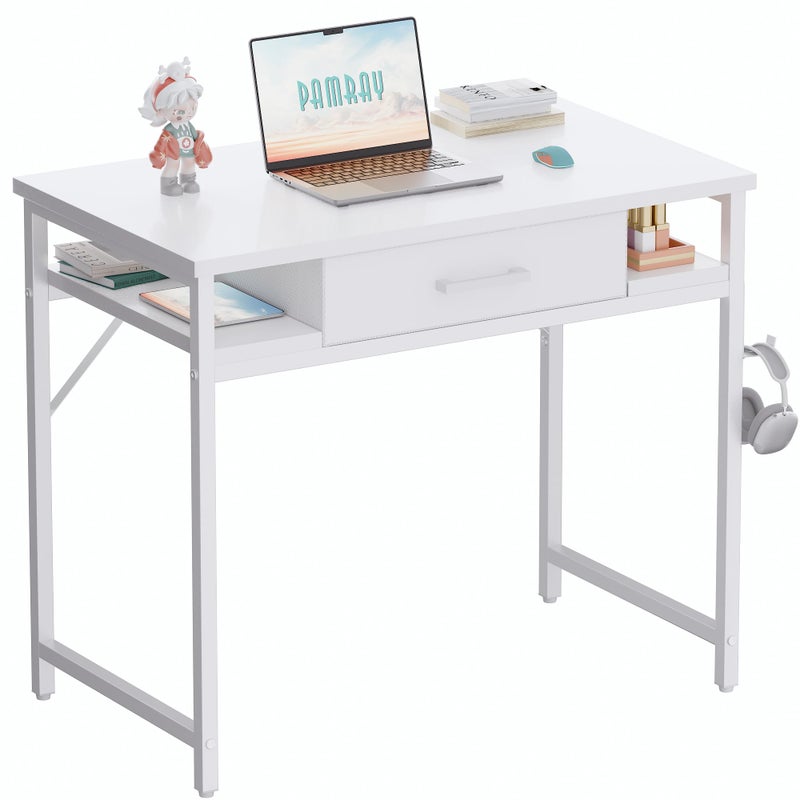 Pamray 32 Inch Small Computer Desk with Drawer and Shelves Simple Study Work Table for Bedroom White - Image 1