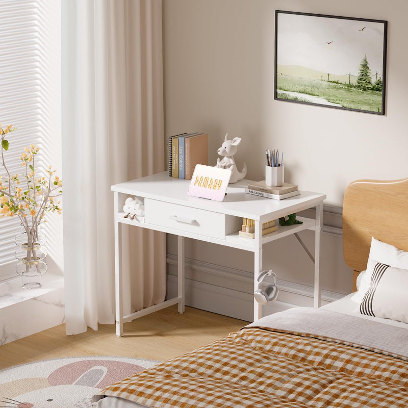 Pamray 32 Inch Small Computer Desk with Drawer and Shelves Simple Study Work Table for Bedroom White - Image 2