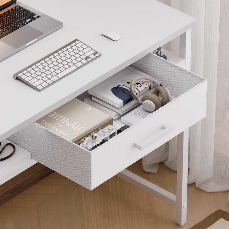 Pamray 32 Inch Small Computer Desk with Drawer and Shelves Simple Study Work Table for Bedroom White - Image 4