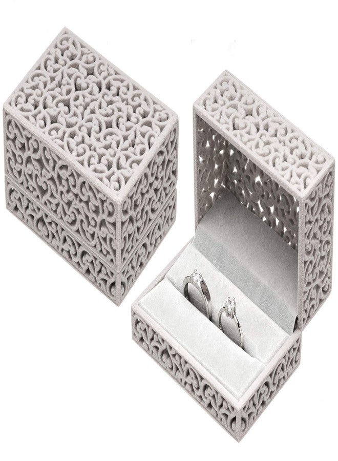 Giftop Hollow Velvet Ring Box Velvet Jewelry Box for Rings Couple Double Ring Bearer Box Engagement Gift (Gray) - Image 3