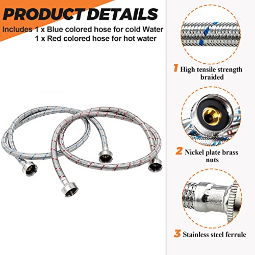 Beaquicy 6 Ft Washer Stainless Steel Hoses Braided Stainless Steel Water Supply Line - Hot and Cold Striped Water Supply Lines for Washing Machine - 2 Pack - Image 2