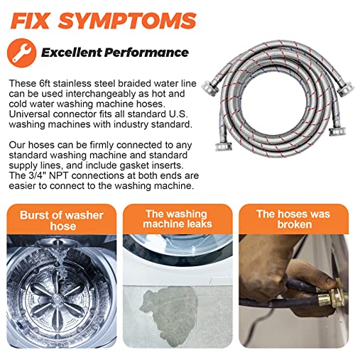 Beaquicy 6 Ft Washer Stainless Steel Hoses Braided Stainless Steel Water Supply Line - Hot and Cold Striped Water Supply Lines for Washing Machine - 2 Pack - Image 4