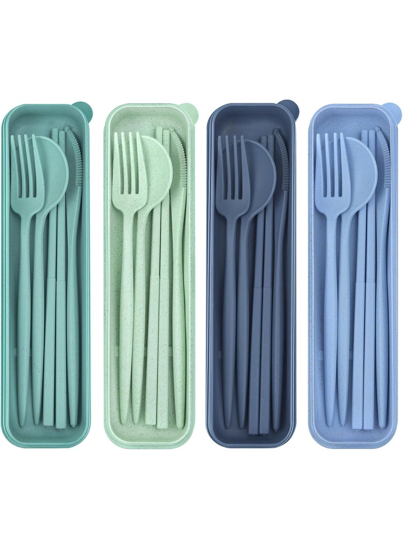 4 مجموعات من أدوات السفر القابلة لإعادة الاستخدام مع حقيبة لحفظ أدوات الغداء، ومجموعة أدوات الغداء المحمولة المكونة من عيدان الطعام والسكين والشوكة والملعقة للاستخدام اليومي أثناء السفر - Image 1