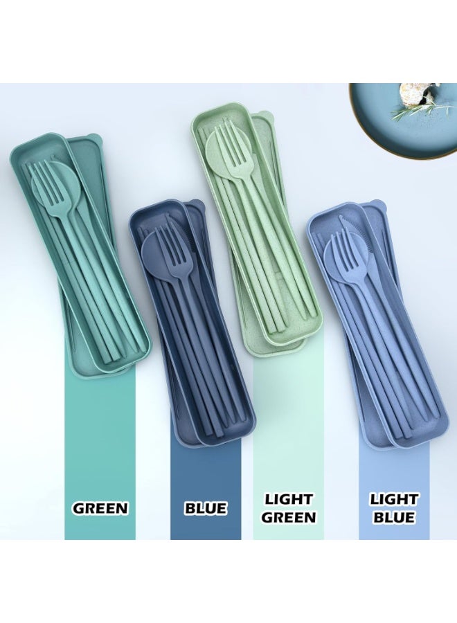 4 مجموعات من أدوات السفر القابلة لإعادة الاستخدام مع حقيبة لحفظ أدوات الغداء، ومجموعة أدوات الغداء المحمولة المكونة من عيدان الطعام والسكين والشوكة والملعقة للاستخدام اليومي أثناء السفر - Image 4