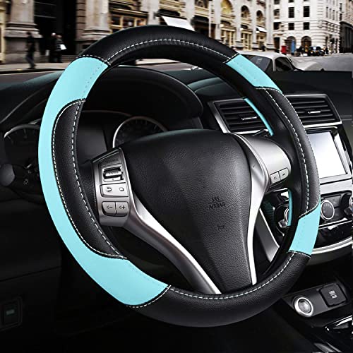szttswamp Leather Car Steering Wheel Cover, Non-Slip Car Wheel Cover Protector Breathable Microfiber Leather Universal Fit for Most Cars (Blue) - Image 1