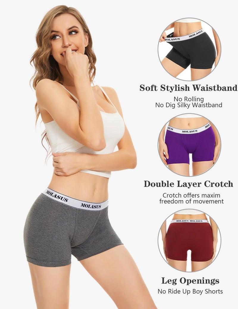 Molasus 4.5" Inseam Womens Trunks Underwear Soft Cotton Boxer Briefs Ladies Anti Chafing Boy Shorts Panties Pack of 4 - Image 3