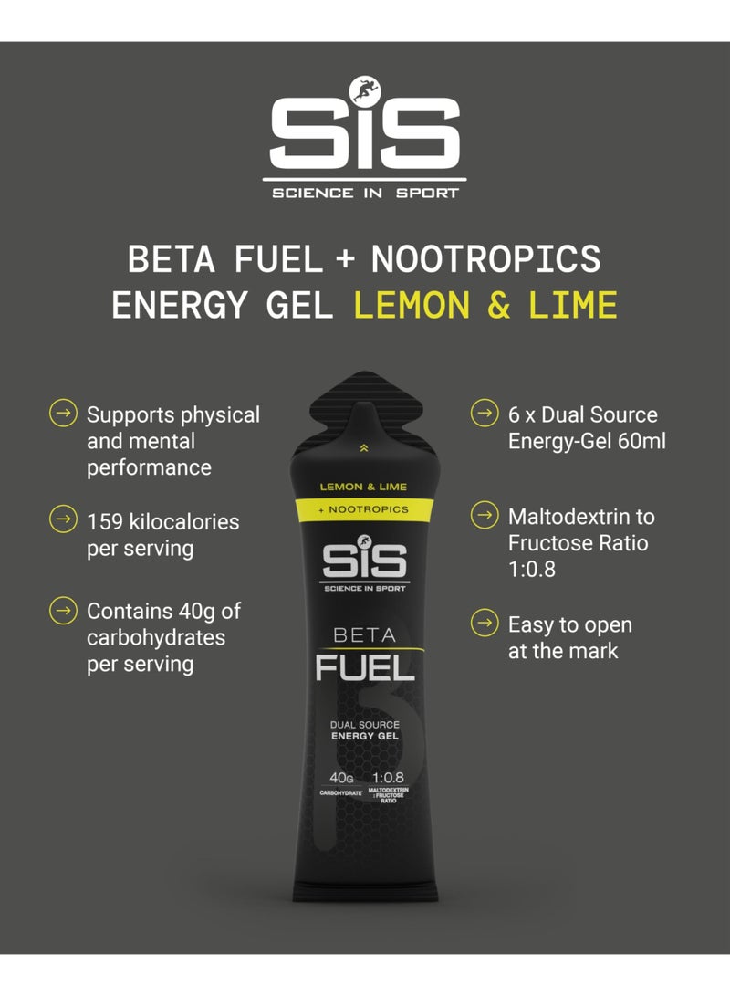SIS Beta Fuel Energy Gels + Nootropics | Cognizin Citicoline | 40g Carbohydrates | 1:0.8 Maltodextrin:Fructose Ratio | Easily Digestible | Running Gels | Lemon & Lime Flavour | 6 Pack - Image 2